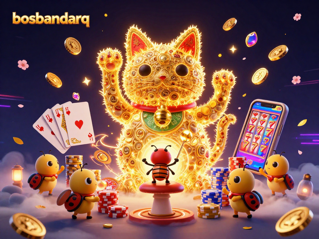 Engage with the vibrant world of bosbandarq, where a lucky cat waves amidst casino symbols and glittering gems.