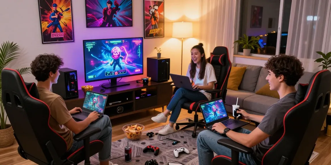 Mind control porn gaming scene with players enjoying interactive experiences on desktop and mobile devices, vibrant atmosphere captured.