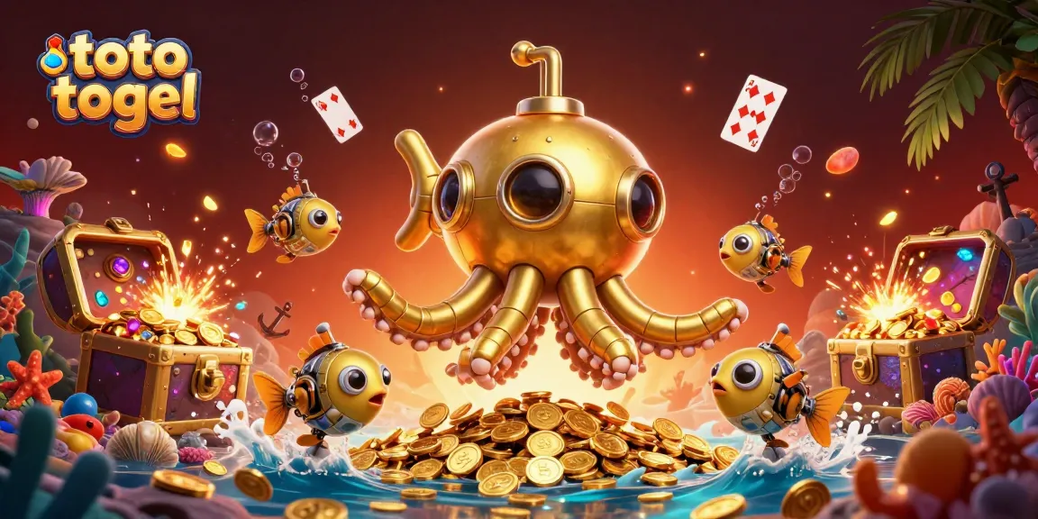 Experience thrilling toto togel action with a golden kraken submarine amidst treasure-filled adventure.