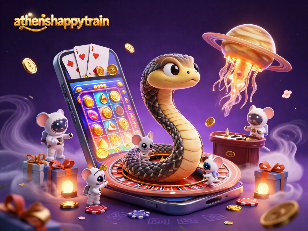 Athenshappytrain showcases a cosmic gambling scene with a Saturn ring snake as a roulette wheel and astronaut mice betting.