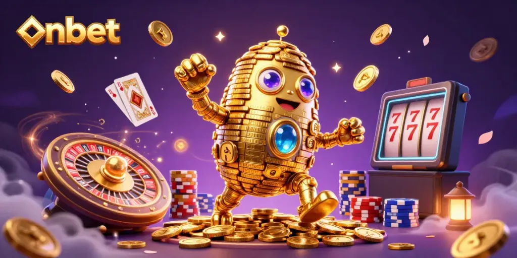 Experience thrilling moments with the onbet golden golem amidst flying coins and a vibrant casino scene.