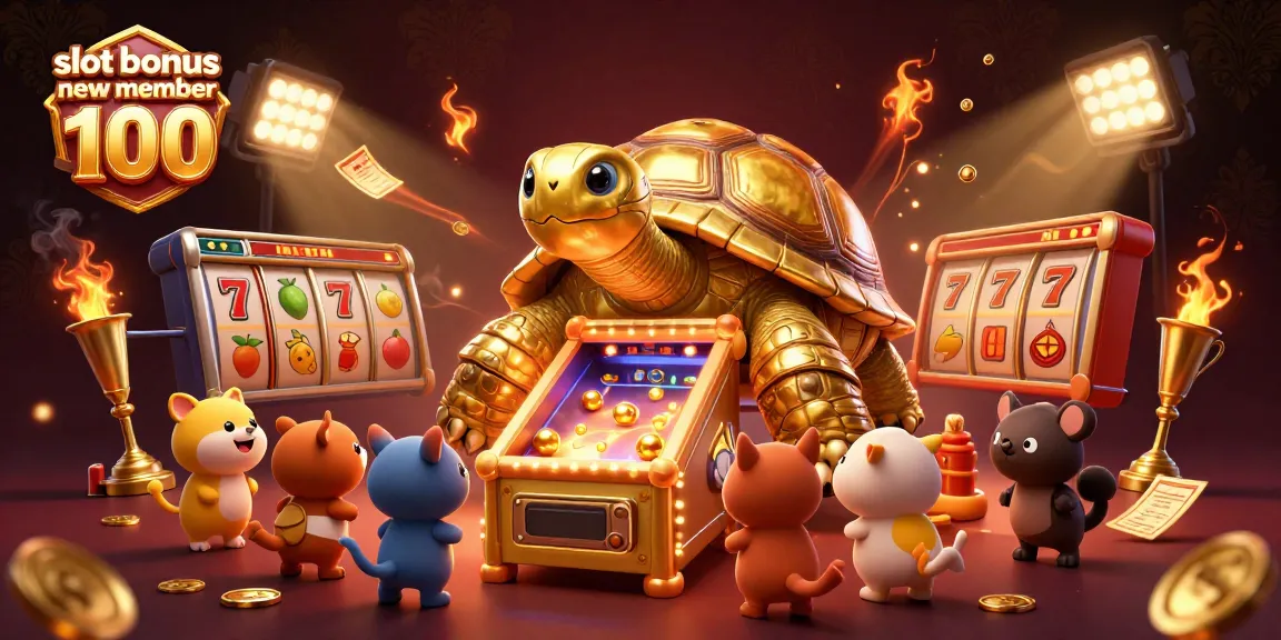 Capture the excitement of 'slot bonus new member 100' in an animated 3D scene showcasing a golden tortoise pinball machine with vibrant casino elements.