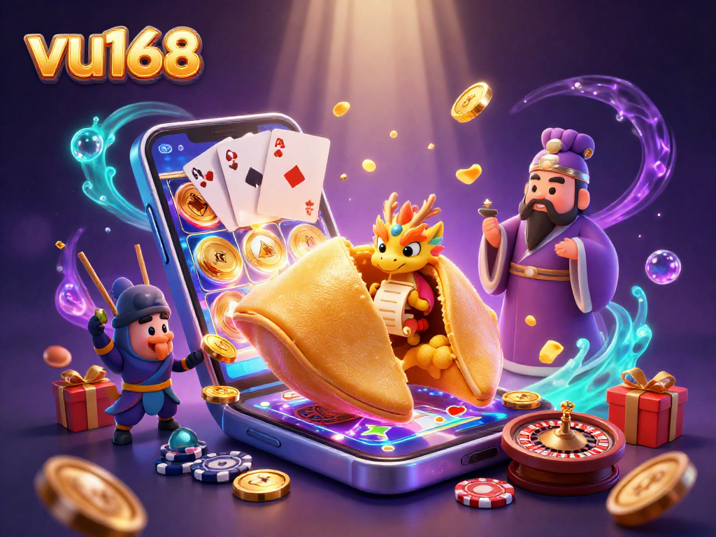 Experience the excitement of gaming with vu168 featuring a vibrant casino scene with spinning slots and golden treasures.