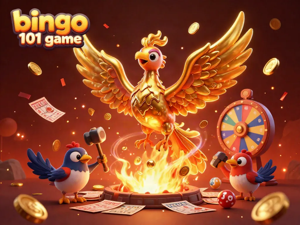 Game bingo 101, phoenix emas dan permainan bingo di tengah suasana meriah penuh warna.