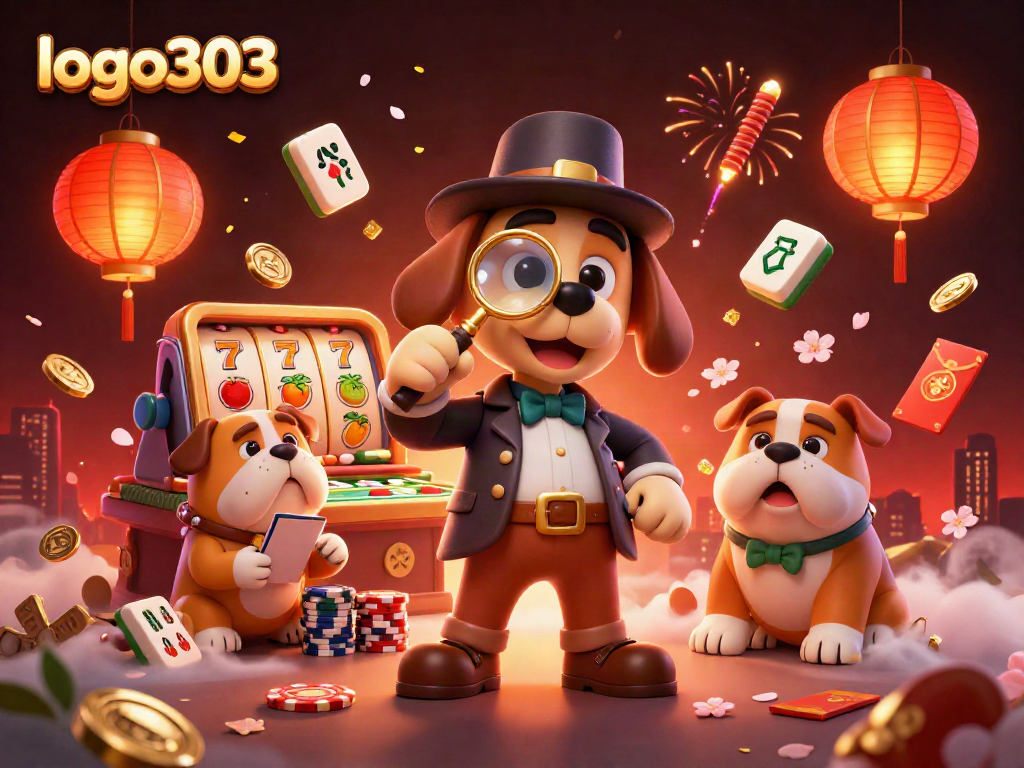 Logo303: Detektif 3D dan bulldog meneliti chip poker di kasino dengan detail penuh warna.