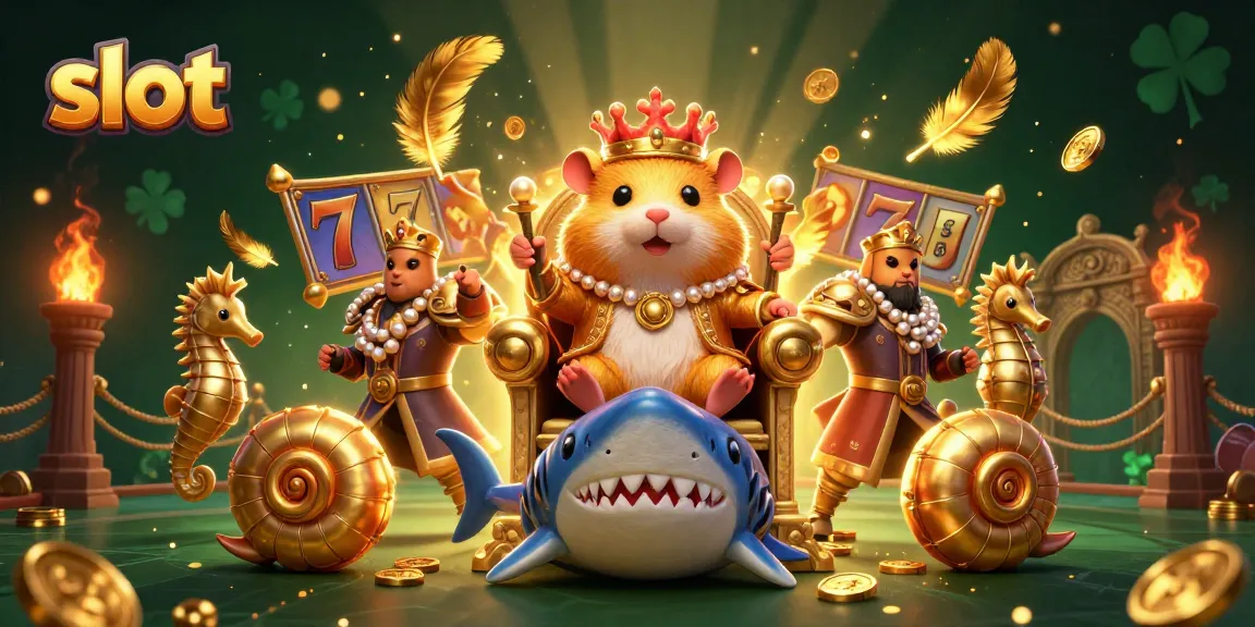Mainkan slot dengan karakter hamster raja yang berani di atas takhta gigi hiu, dikelilingi detail menarik.