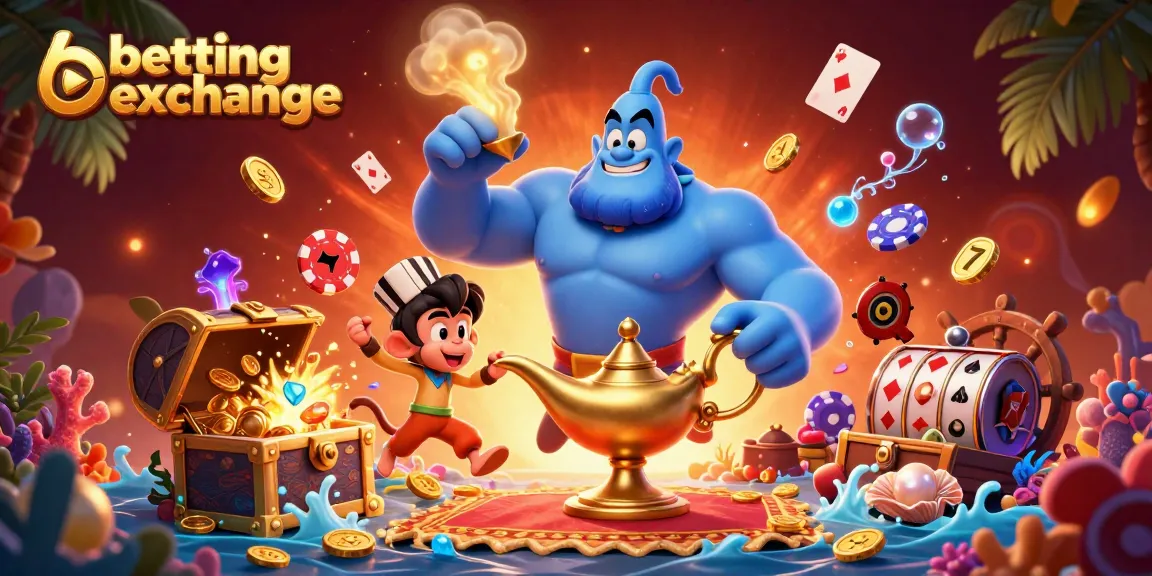 Bettors experience the excitement of the betting exchange realm in this engaging 3D scene with a genie, monkey, and magical elements.
