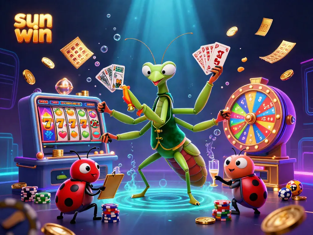 Engage in thrilling gaming experiences as Sun Win's giant praying mantis dealer deals cards amidst dramatic casino elements.