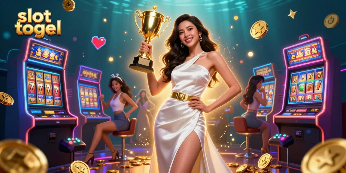 Engage in thrilling slot togel gameplay with vibrant casino elements and a triumphant female champion.