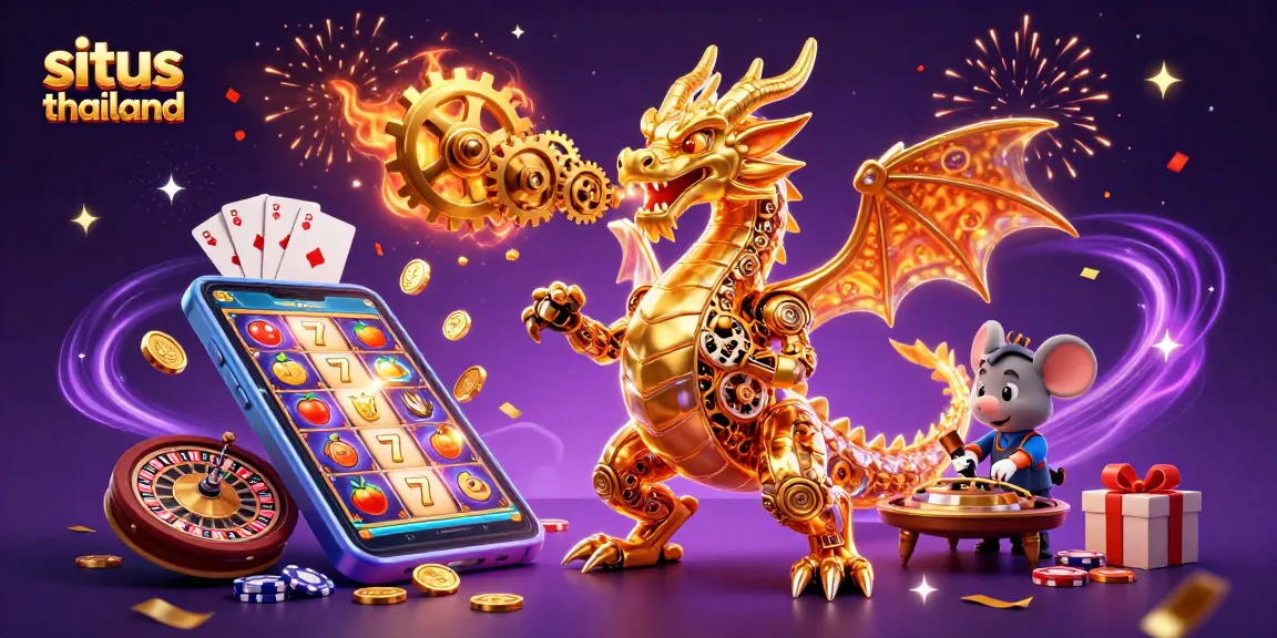 Play vibrant slot games on situs thailand with a golden dragon and dynamic casino elements.