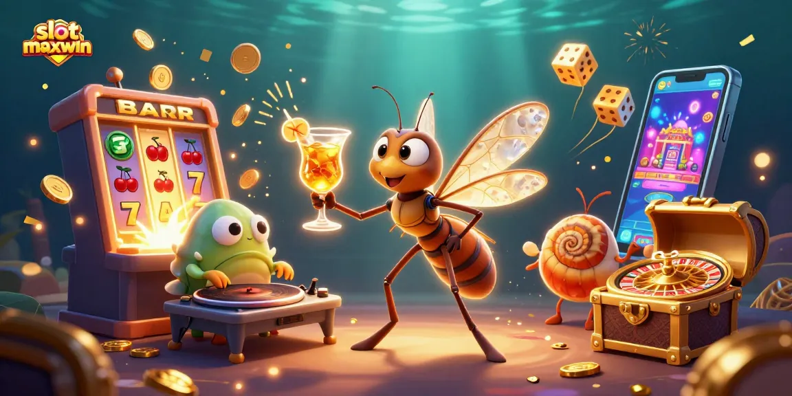 Experience the thrill of slot maxwin with a lively 3D casino illustration featuring sparkling symbols and winning moments.
