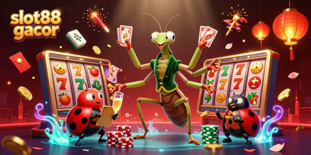 Memperingati keseruan slot88 gacor dengan kartun raksasa yang membagikan kartu dan koin berkilau.