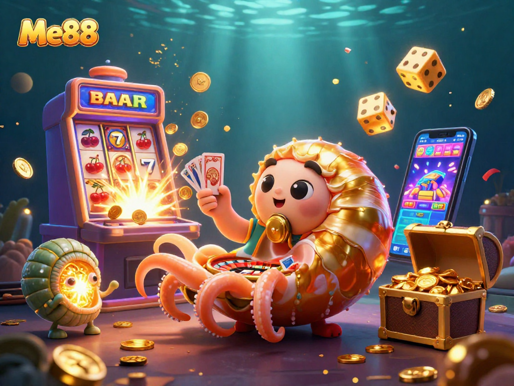 Experience thrilling gaming at Me88 with a giant nautilus, jackpot slots, and vibrant game elements.