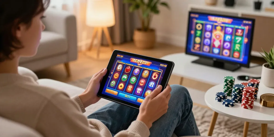 Pemain judi bermain slot gacor di tablet dalam suasana nyaman di ruang tamu.