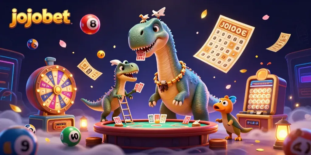 Experience the thrill of jojobet with a whimsical 3D casino scene featuring a towering brontosaurus and lively elements.