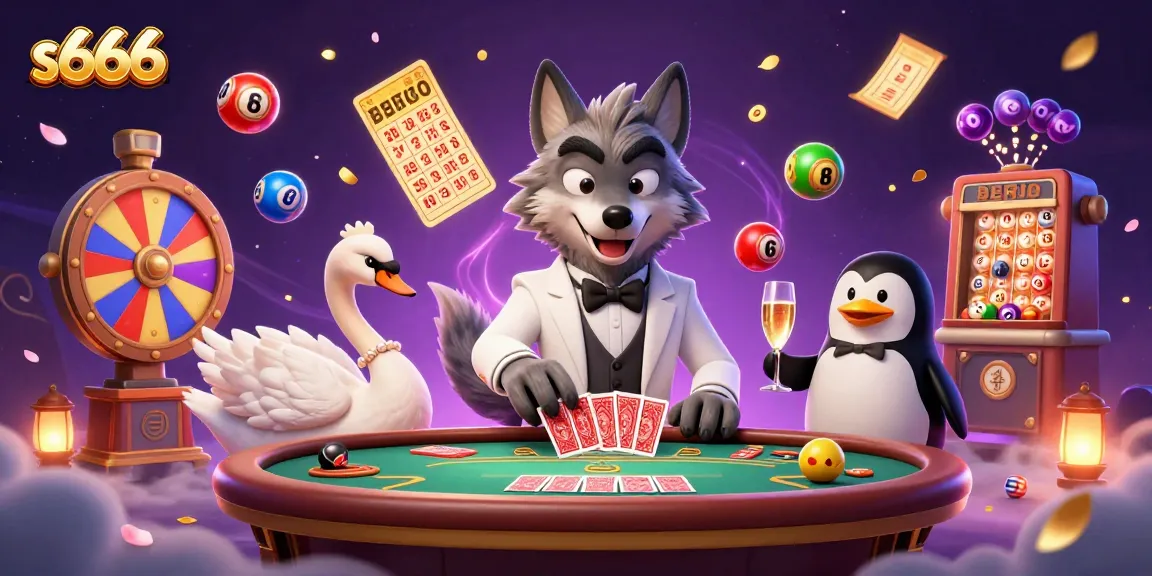 Join the dynamic world of s666 casino gaming with an elegant scene featuring a stylish wolf, swan dealer, and penguin sommelier.