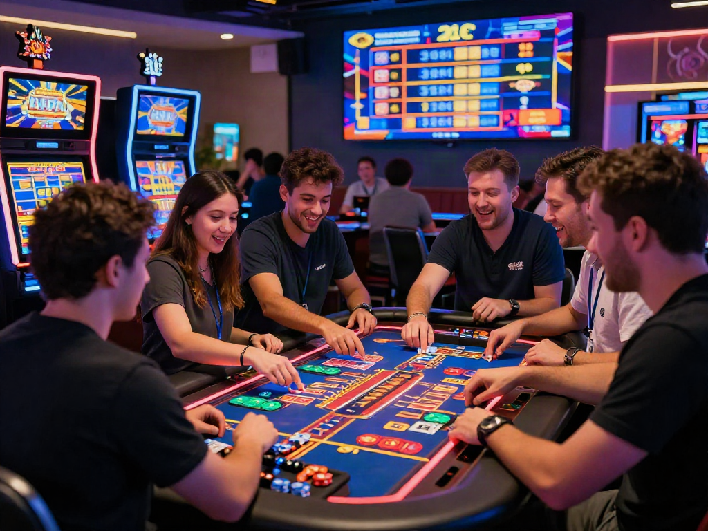 Engaged players at a digital casino table enjoying slot depo 10k gaming experience.