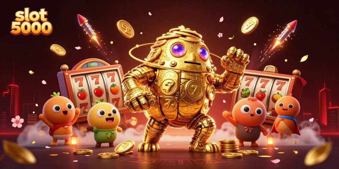 Slot 5000, mengungkap kejayaan dengan karakter golem emas dan simbol mesin slot yang berputar