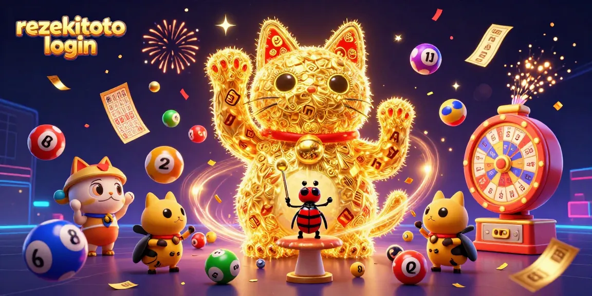 Experience the magic of rezekitoto login with a lucky cat and colorful lottery excitement in a vibrant scene.
