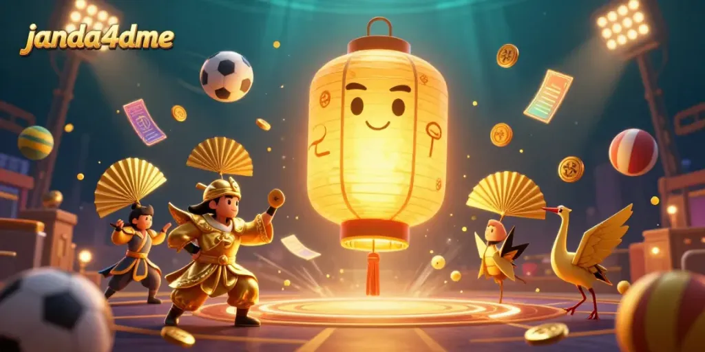 Menangkan taruhan Anda dengan janda4dme, menampilkan lampion keemasan dan simbol keberuntungan dalam ilustrasi kasino.