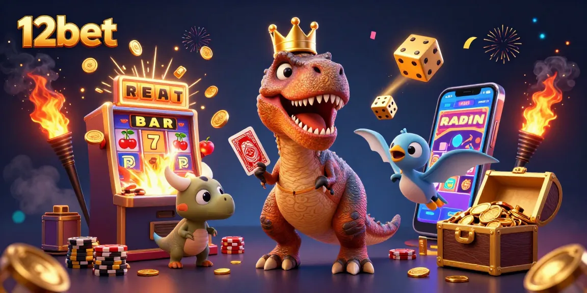 Nhà cái 12bet với T-Rex thân thiện và trứng vàng đang chơi bài với những đồng tiền vàng.