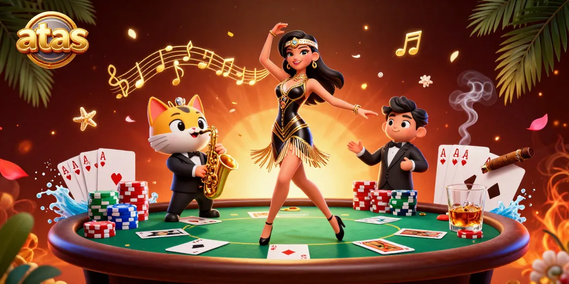 Experience vibrant gaming action at atas Casino with lively characters and poker elements.