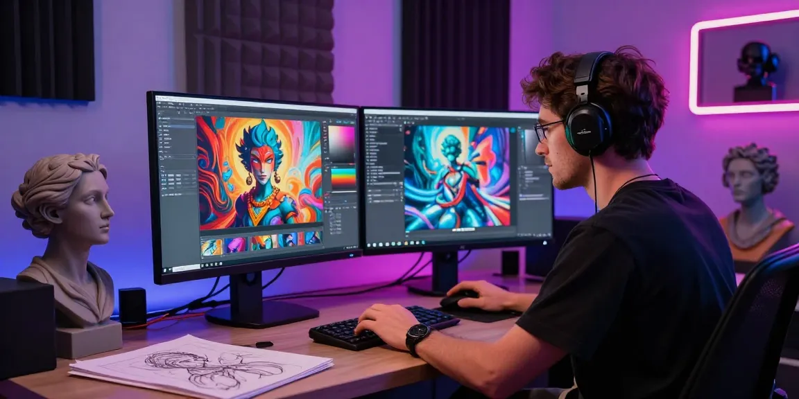 Creating NSFW AI imagery in a modern digital art studio, with vibrant colors and advanced software tools.