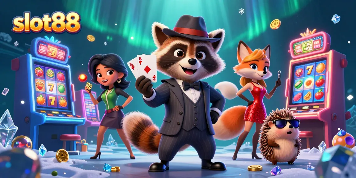 Play exciting slot88 games with a charming raccoon, fox, and hedgehog in a vibrant casino scene.