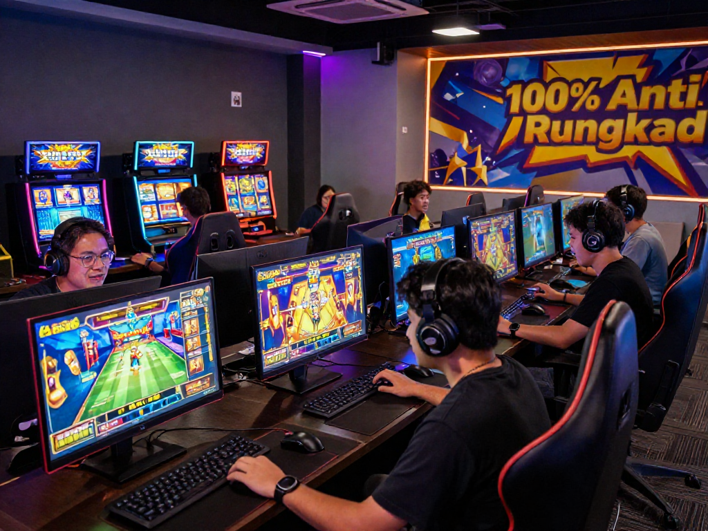 Exciting players engaging with GARUDA55 online slot gaming, celebrating wins with vibrant game visuals.