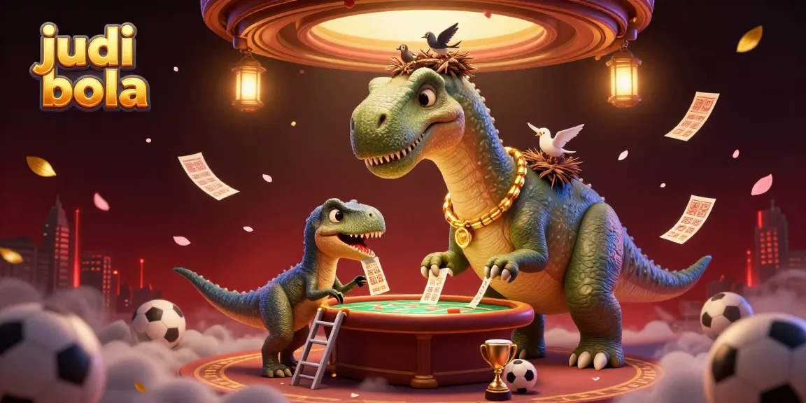 Engage in judi bola sports betting with a whimsical casino scene featuring a playful dinosaur.
