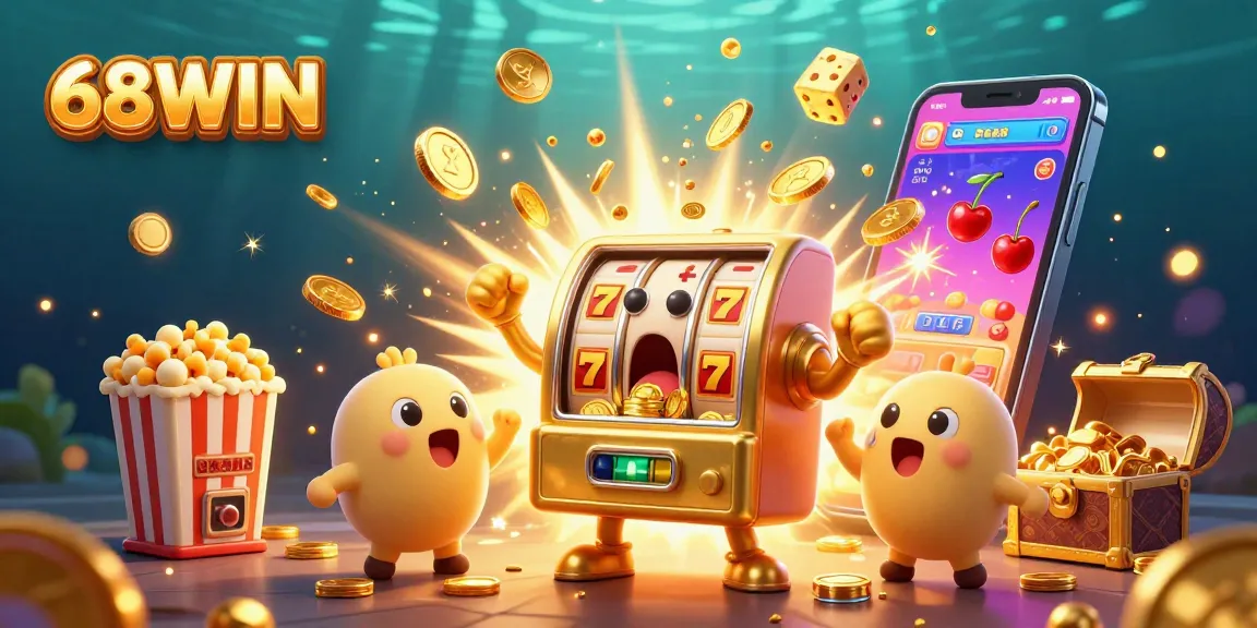 Celebrate big wins at 68WIN with a vibrant 3D jackpot scene filled with gold coins and cheering slot machines.
