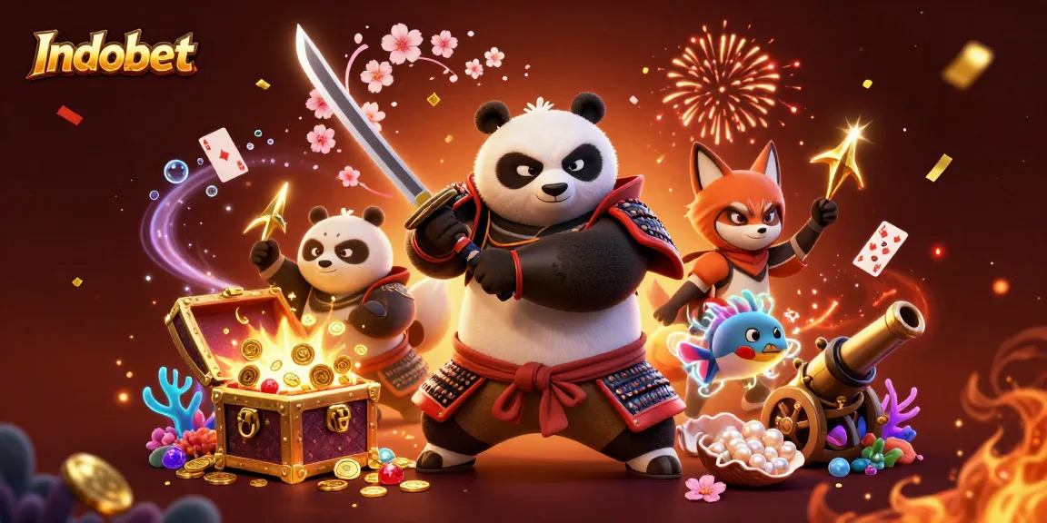 Indobet dengan samurai panda dan ninja fox merayakan kemenangan judi di ilustrasi warna-warni