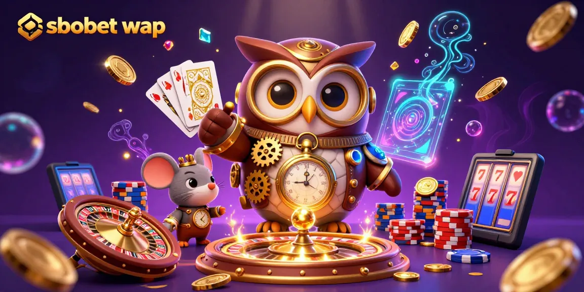 Experience sbobet wap mobile betting with a 3D time-traveler owl and a clockwork mouse, surrounded by casino excitement.