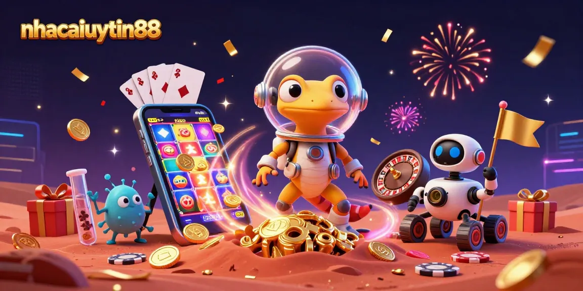 Win big at nhacaiuytin88 with Martian geckos celebrating in a vibrant casino scene