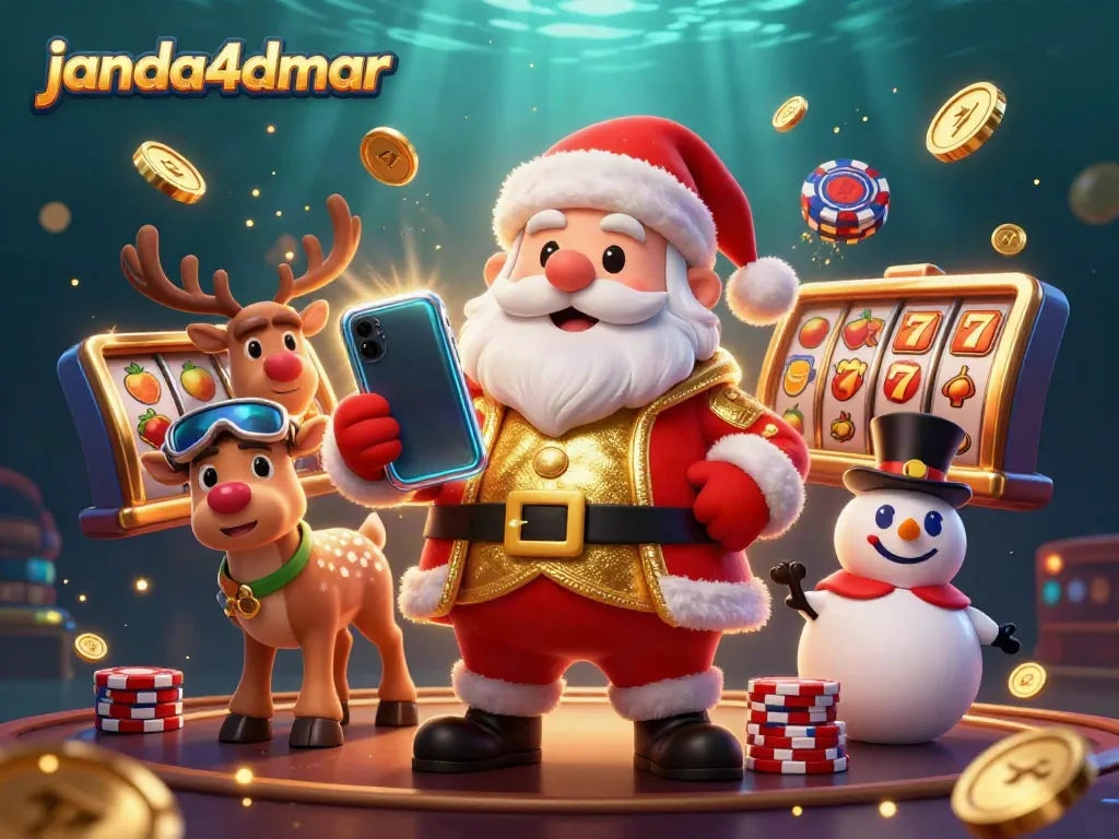 Mainkan jackpot dengan janda4dmar, menampilkan Santa, rusa, dan manusia salju di kasino.