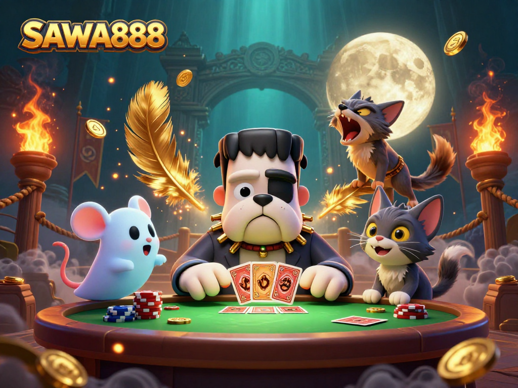 Experience thrilling gameplay at SAWA888 with a vibrant 3D scene featuring unique casino characters.