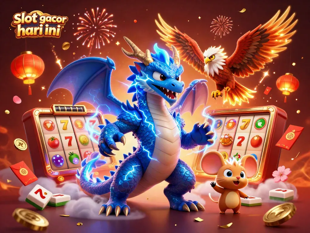 Slot gacor hari ini: ilustrasi dinamis dengan karakter kasino seperti naga dan simbol keberuntungan.