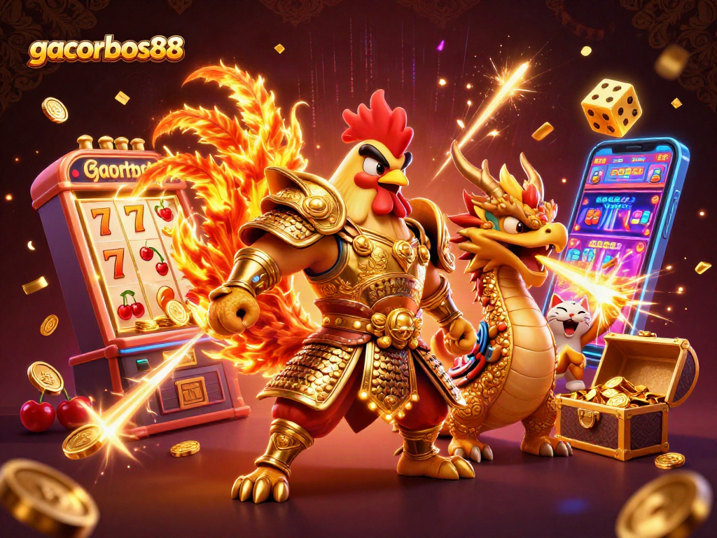 Engage with gacorbos88's vibrant scene featuring a rooster warrior and dragon in an exciting casino atmosphere.