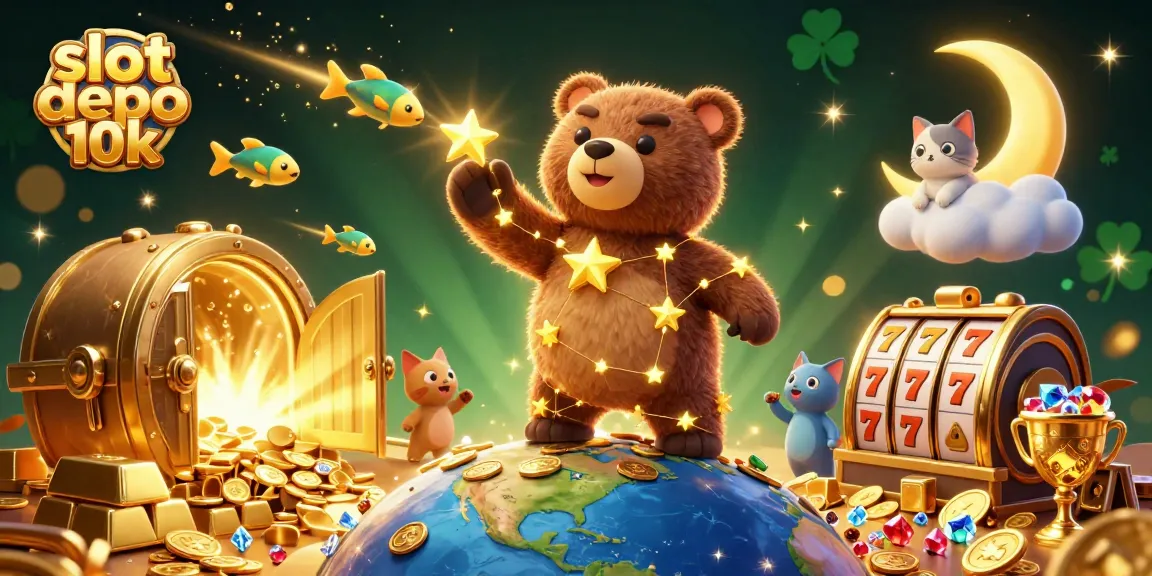 Experience the thrill of slot depo 10k with this vibrant casino-themed illustration showcasing a constellation bear and treasures.
