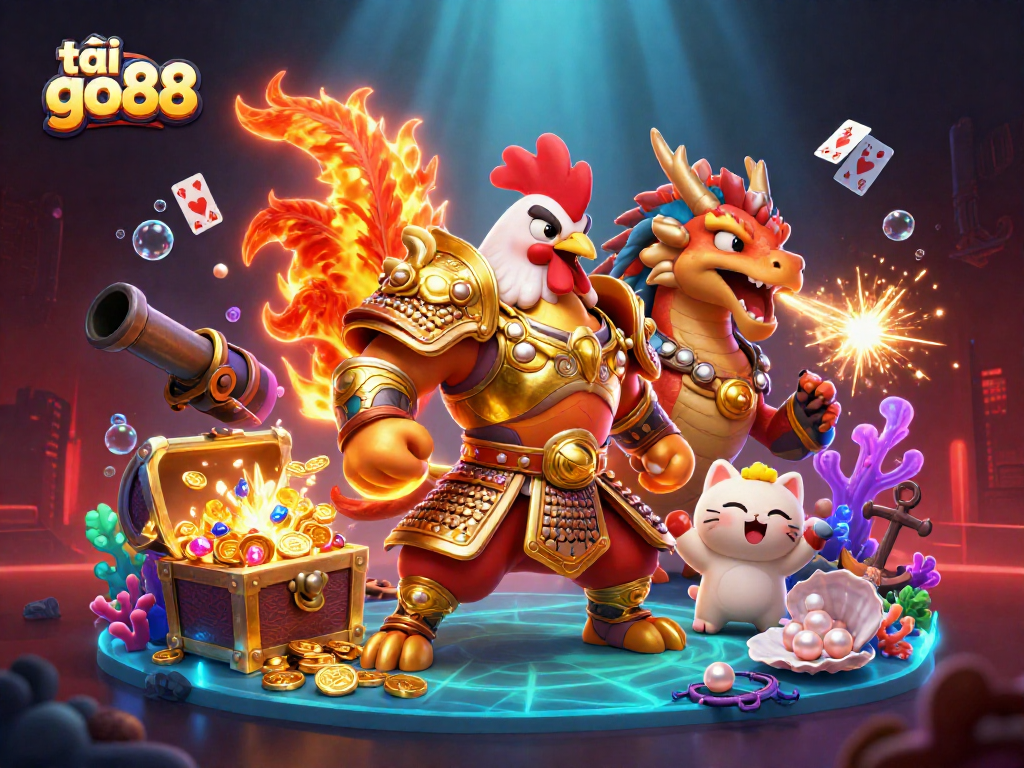 Win big and download tải go88 with a vibrant illustration showcasing a rooster warrior and a dragon in a thrilling casino adventure.