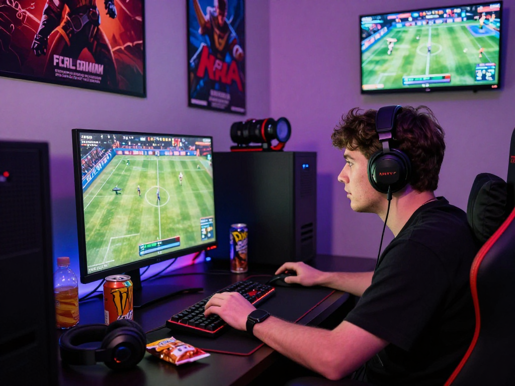Engaging scene showcasing FairPlay login experience with a gamer focusing intently on their screen.