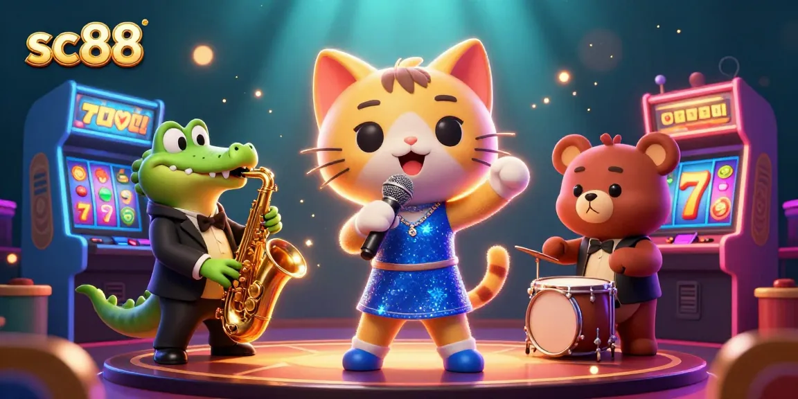 Experience exciting games with sc88 as a jazz-singer cat and friends perform in a vibrant casino scene.