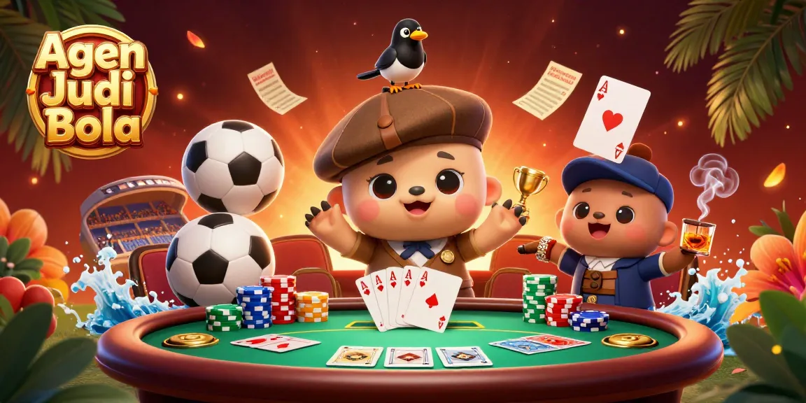 Engage in thrilling sports betting with Agen Judi Bola, featuring dynamic elements like trophies and betting slips.