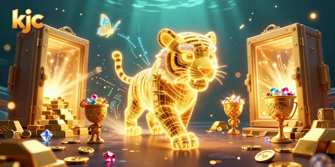 KJC engages players with a neon golden tiger in a stunning 3D casino illustration, surrounded by treasure.