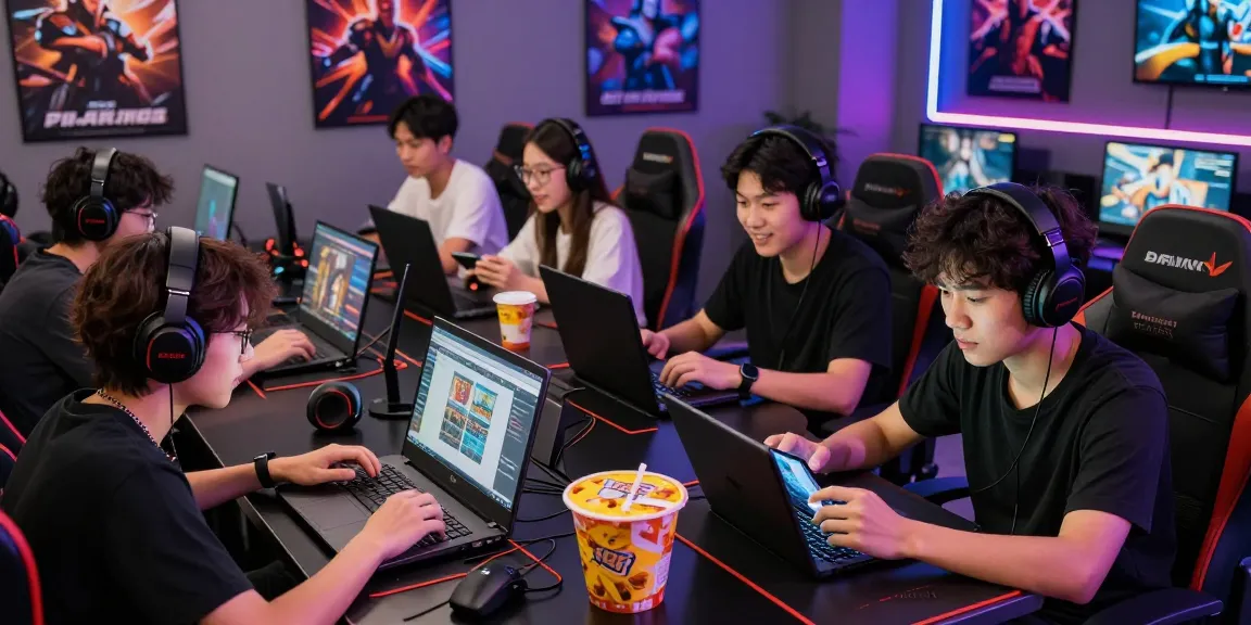 Penggemar memainkan BATIK88 GAMES dengan perangkat berbeda di ruang permainan yang ceria.