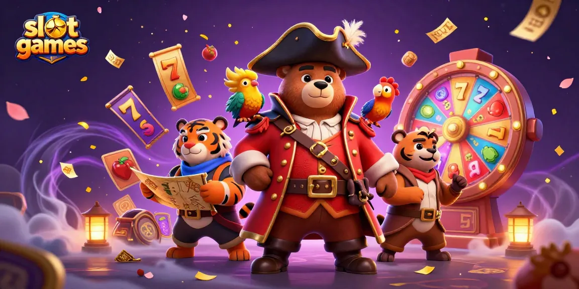 Experience thrilling slot games with a pirate bear and tiger, amidst vibrant treasure elements.